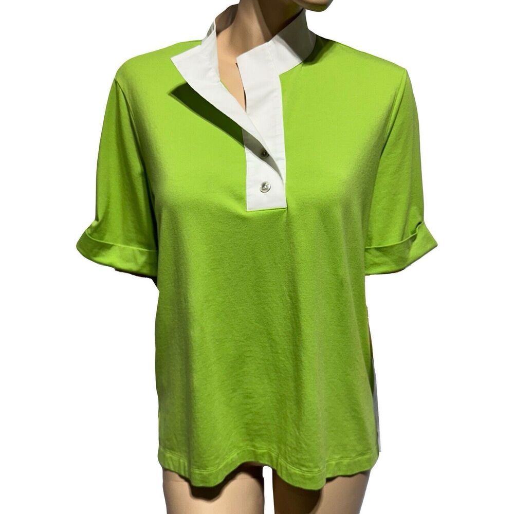 Hinson Wu Women's Size L  Large Top Green White Button Back Detail Short Sleeve